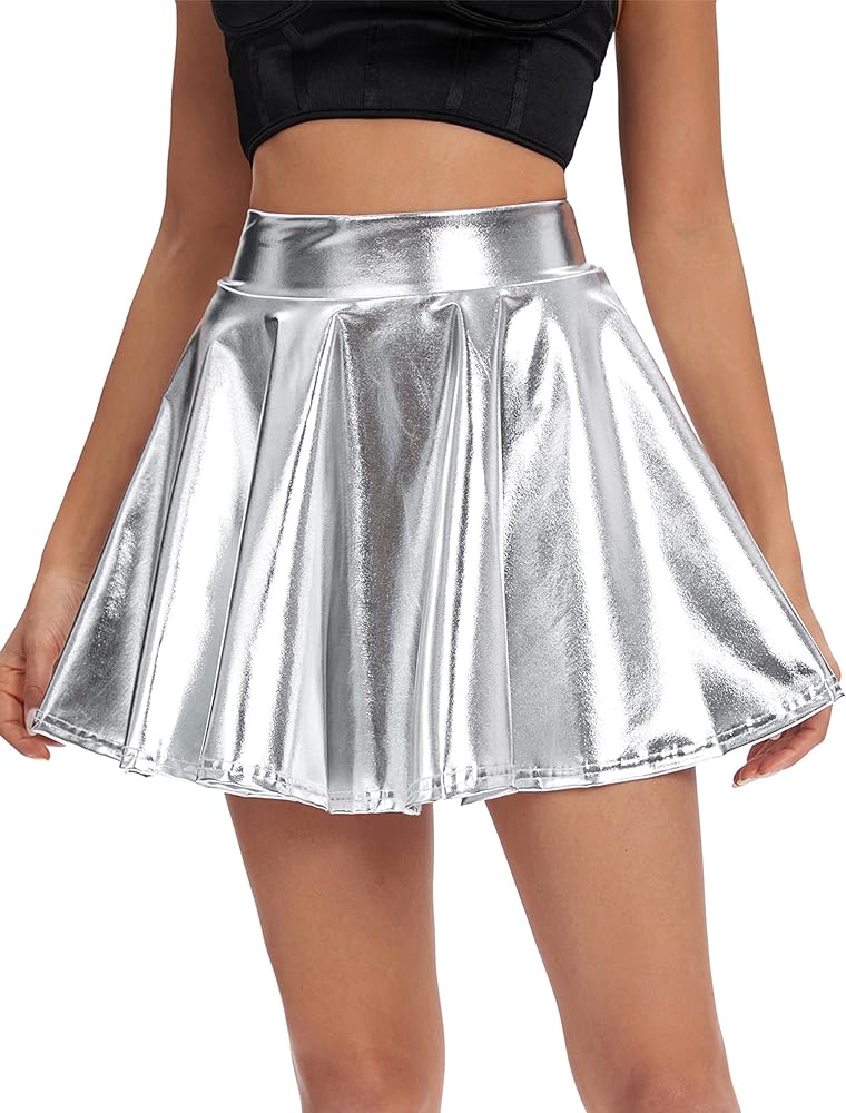 Urban CoCo Women's Shiny Flared Pleated Mini Skater Skirt