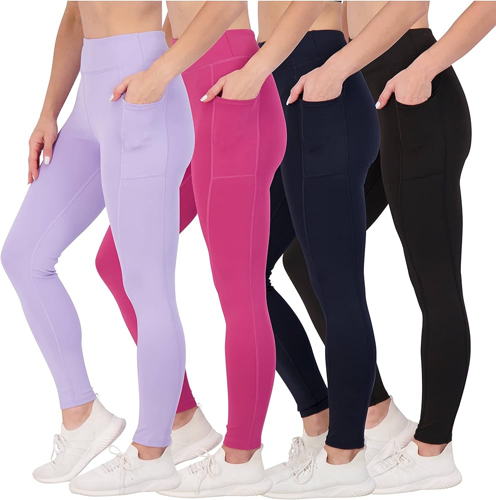 Real Essentials 4-Pack: Women's Full Length Fitted Athletic Yoga Performance Leggings with Pockets (Available in Plus Size)