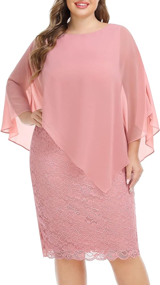 Pinup Fashion Women's Plus Size Cape Dress with Chiffon Overlay Wedding Guest Bodycon Lace Dresses