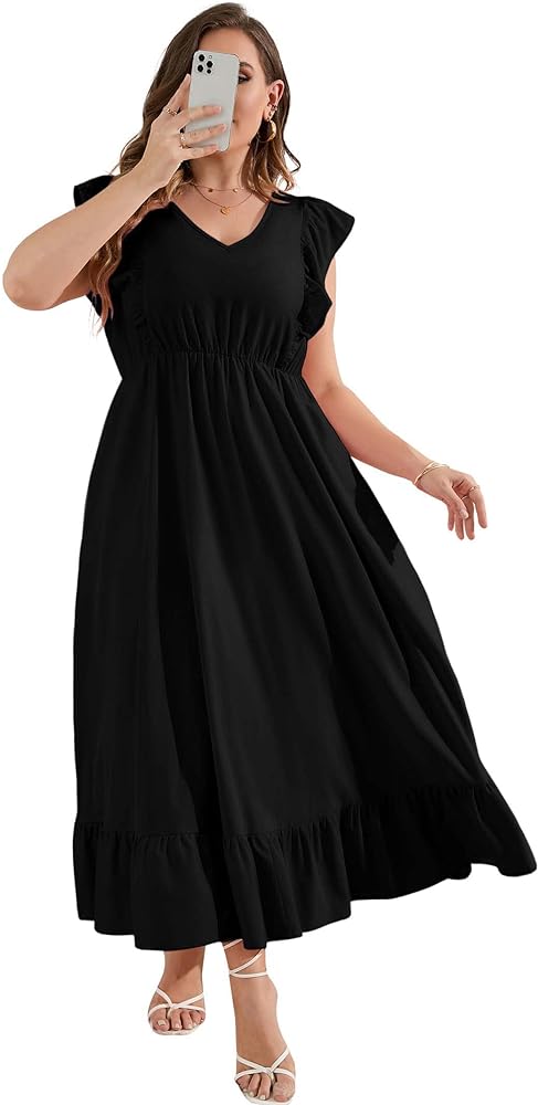 KOJOOIN Women's Plus Size Summer Dress with Pocket Ruffle Cap Sleeveless V Neck Side Split Long Beach Maxi Dress