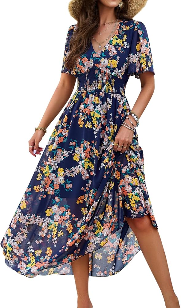 Women's Floral Maxi Dress Flowy V Neck Empire Waist Summer Wedding Guest Party Casual Chiffon Dress