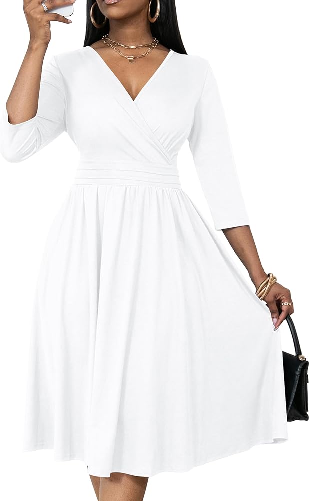 Nmoder Women's Wrap Dress Cocktail Church Wedding Midi Dress A-Line V Neck 3/4 Sleeve Casual Dresses with Pockets