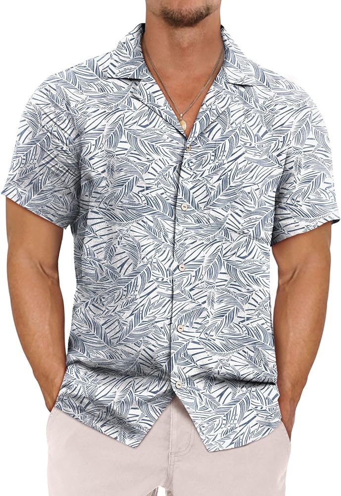 EFAN Mens Linen Shirts Hawaiian Floral Beach Short Sleeve Casual Dress Button Down Tshirts Work Clothes Outfits 2024