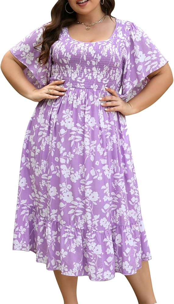 Keluummi Plus Size Wedding Guest Midi Dresses for Curvy Women, Summer Casual Boho Floral Party Dress, Empire Waist and Pocket