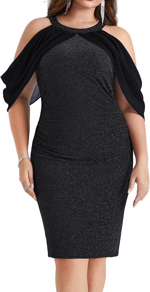 Hanna Nikole Women's Plus Size Cocktail Dress Chiffon Cape Sleeve Glitter Dresses for Wedding Guest Formal Midi Bodycon Dress