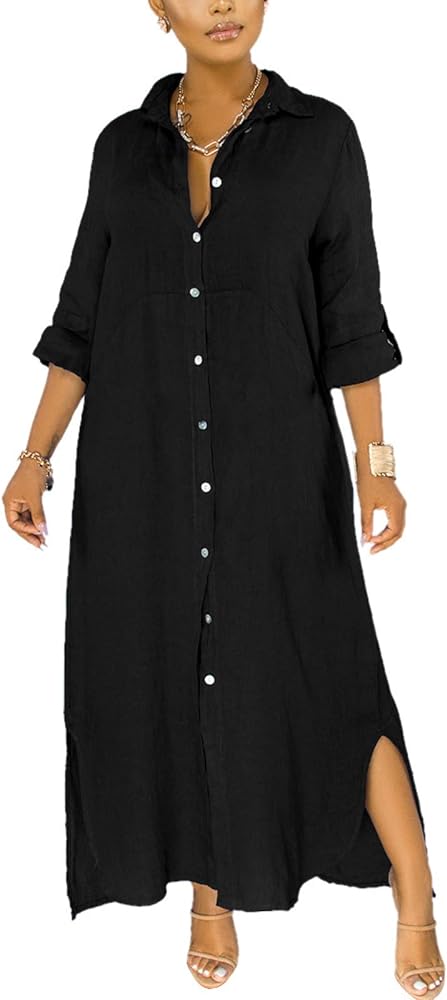 qfmqkpi Women's Solid Color 3/4 Rolled-Up Sleeve Shirts Dress Buttons Down Side Slit Maxi Dresses