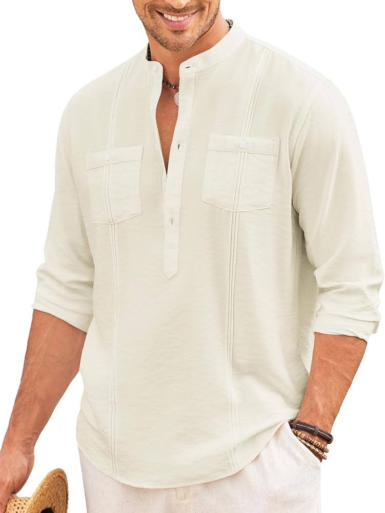 COOFANDY Men's Linen Henley Shirt Long Sleeve Casual Hippie Cotton Beach T-Shirts