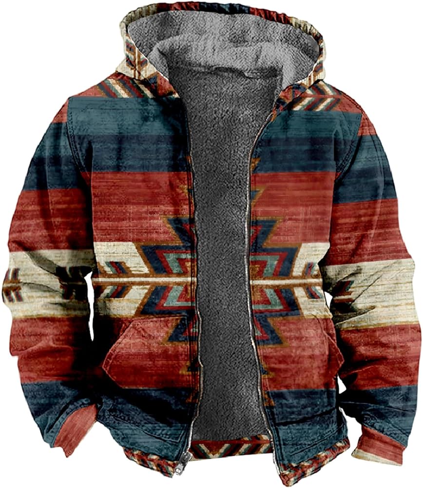 Men's Sherpa Lined Fleece Hoodies Jackets Vintage Western Aztec Print Sweatshirt Winter Chunky Warm Plus Size Jacket