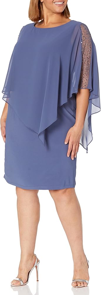 S.L. Fashions Women's Plus Size Short Beaded Overlay Cape Dress