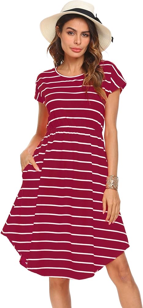 Halife Women's Short Sleeve Stripe Elastic Waist Casual Dress with Pocket