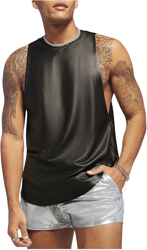 WDIRARA Men's Glitter Sequin Round Neck Sleeveless Tank Tops Cut Open Side Club Party T Shirt