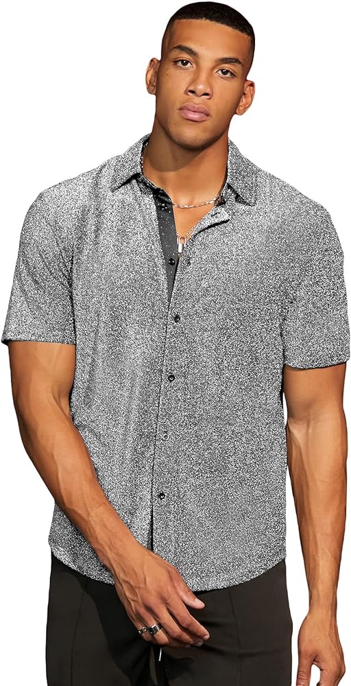 WDIRARA Men's Button Front Short Sleeve Collar Glitter Shirt Metallic Party Club Tops