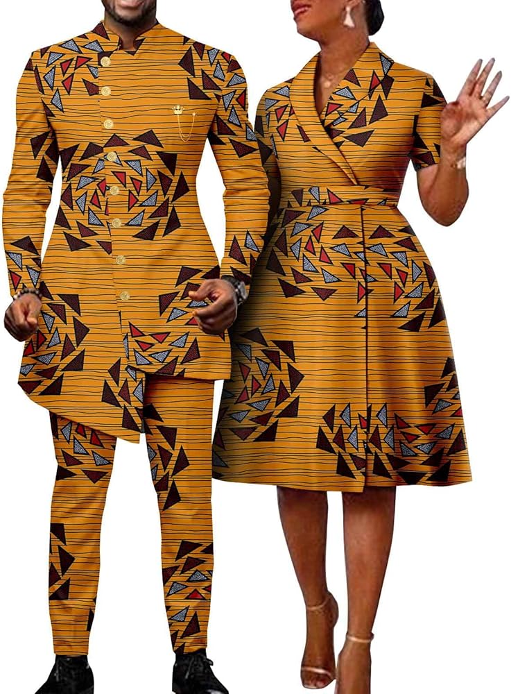 African Clothes for Couples Men Single Breasted Fit Jackets Matching Bazin Riche Dashiki Print Dresses Trench Coats