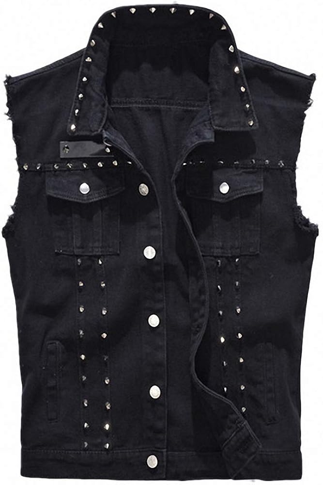 Mens Denim Vest Punk Rock Style Rivet Black Jeans Waistcoat Raw Edge Jacket