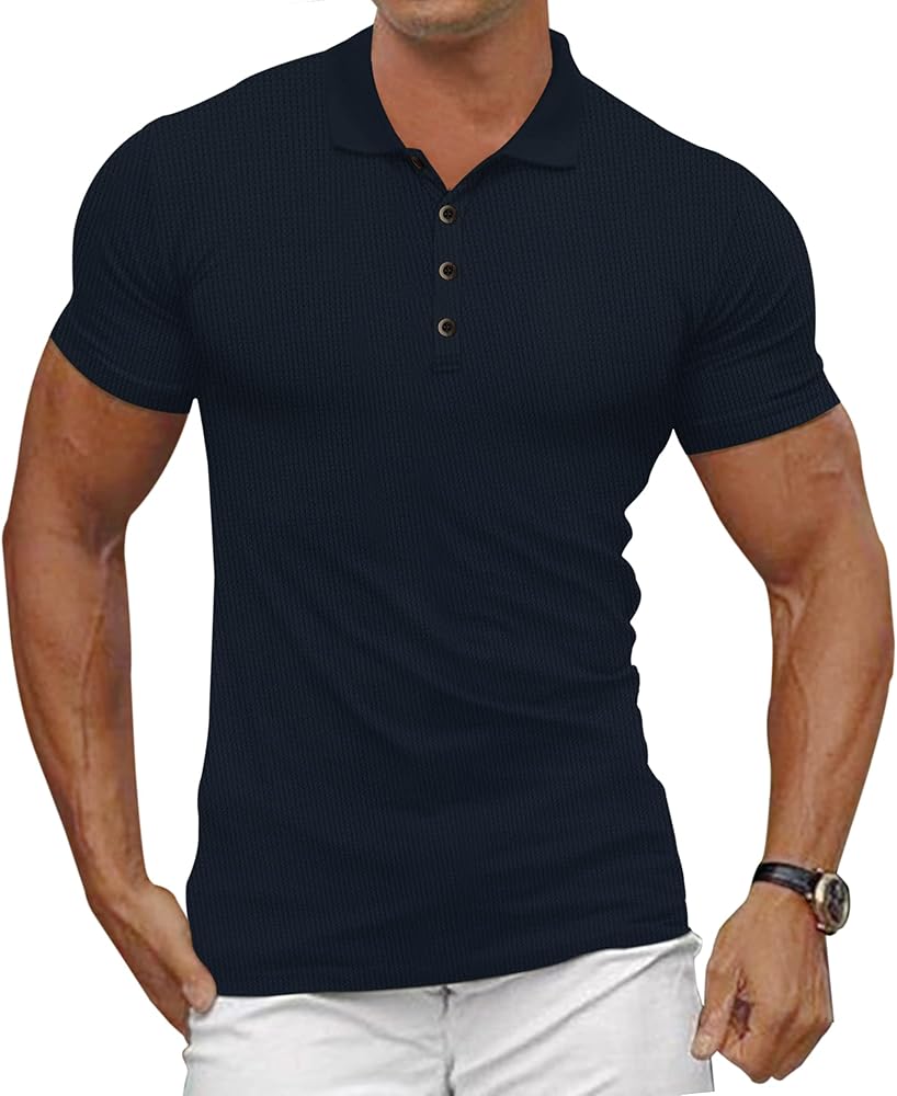 Mens Waffle Knit Polo Shirts Short Sleeve Slim Fit Golf Casual Tee Shirts