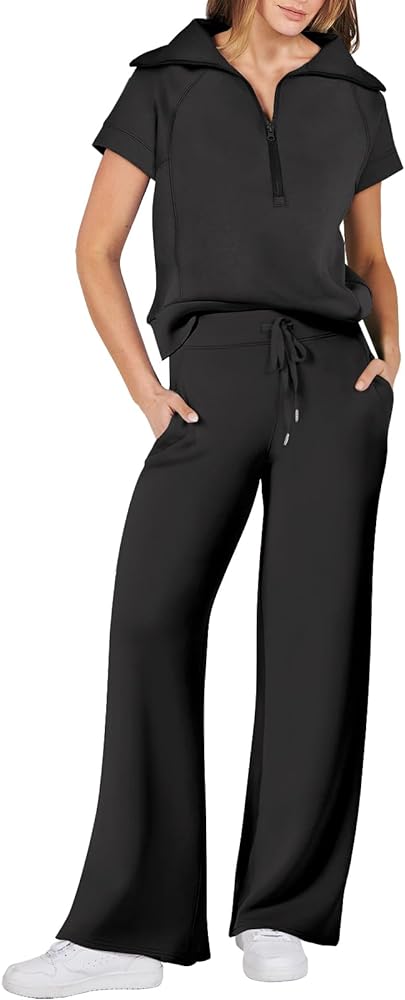 ANRABESS Women 2 Piece Outfits Sweatsuit Summer Half Zip Sweatshirt Wide Leg Pant Sweat Lounge Set Athletic Tracksuits