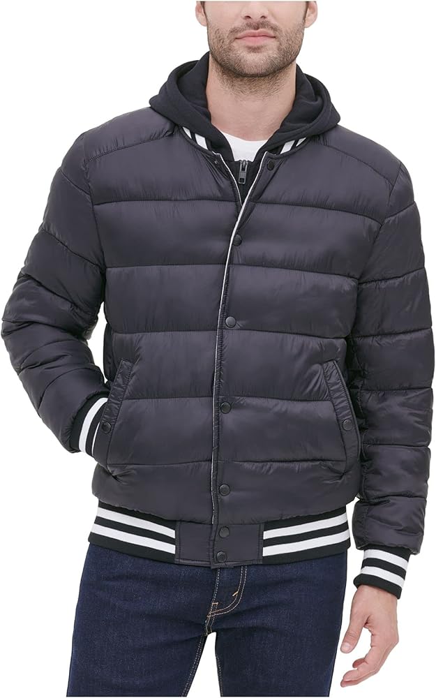 GUESS Men's Varsity Puffer Jacket with Hood