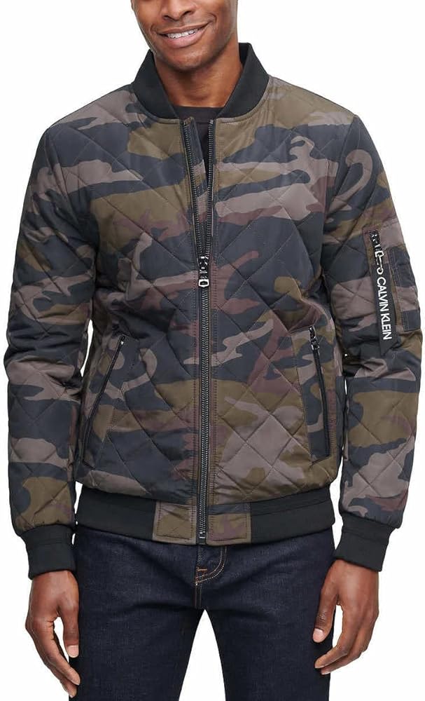 Calvin Klein Mens Lightweight Quilted Bomber Jacket (Olive Camo, Large)