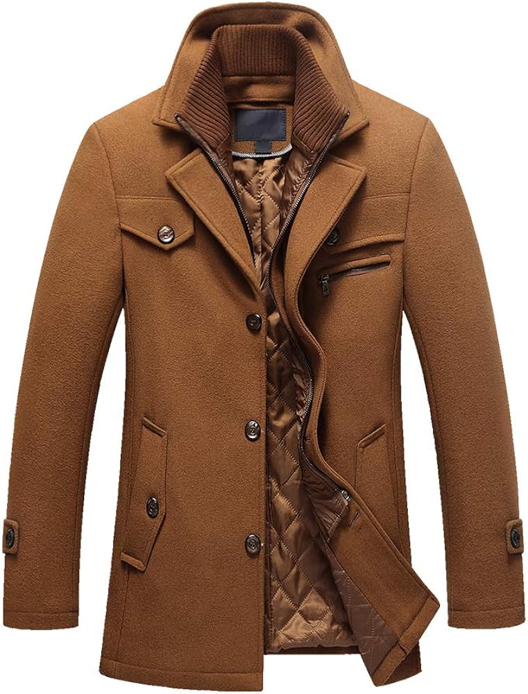 FTCayanz Men's Wool Coat Winter Slim Fit Pea Coats Single Breasted Quilted Lined Trench Jacket