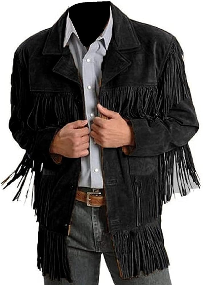 Suede Leather Jacket for Men's Western Cowboy Native American Black Fringe Beaded Coat Outerwear