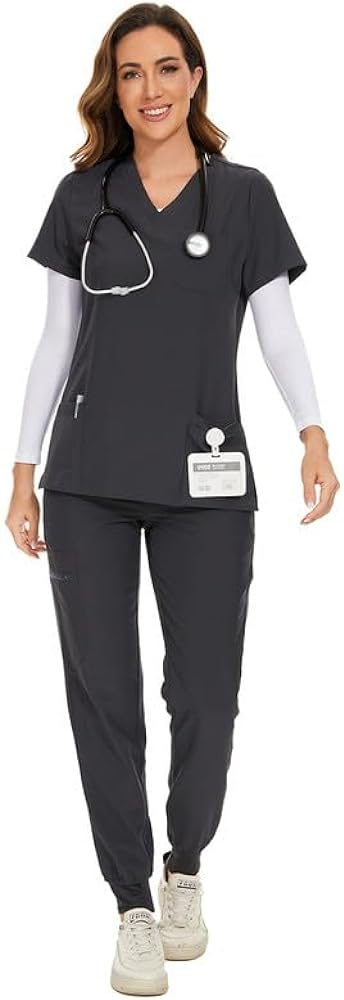 Scrubs for Women Set - Stretch V-Neck Scrub Top & Jogger Pant with 8 Pockets