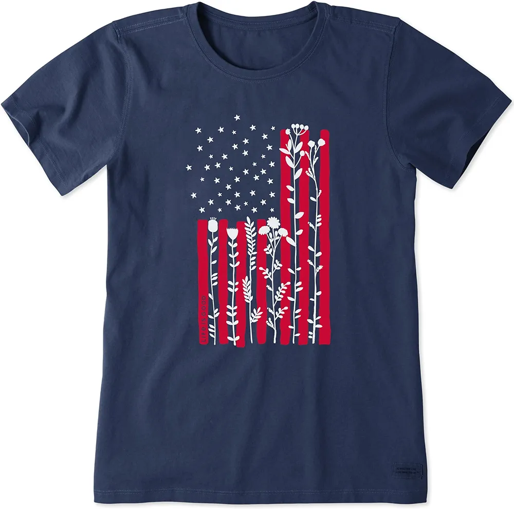 Life is Good Women's Crusher T, Short Sleeve Cotton Graphic Tee Shirt, Flow Flower Tall Flag