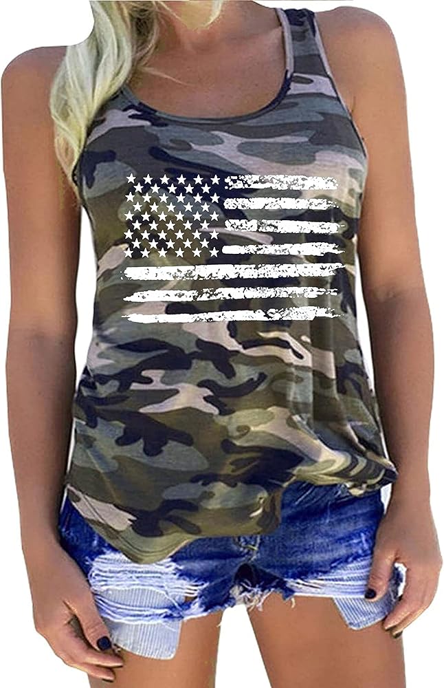 American Flag Tank Tops Women Patriotic Shirt USA Flag Stars Stripes Print Sleeveless T-Shirt 4th of July Tee Tops