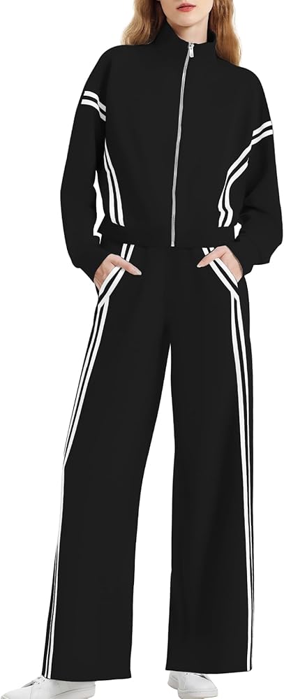 Women's 2 Piece Outfits Zip Up Sweatshirt Contrast Striped Wide Leg Sweatpants Suits Jogger Travel Matching Set