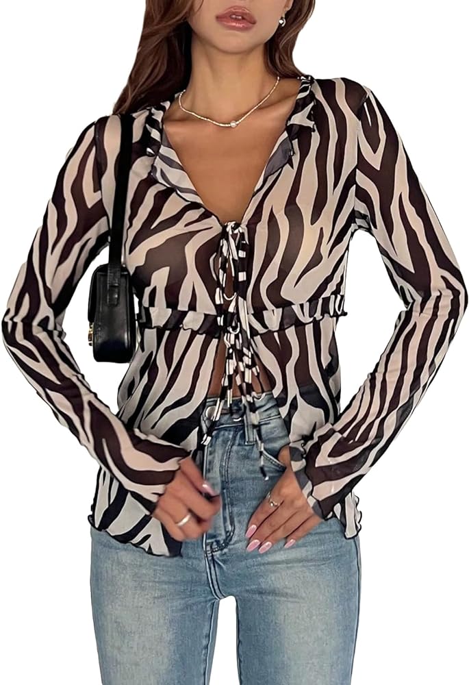 Verdusa Women's Tie Front Long Sleeve Mesh Blouse Zebra Print Casual Shirt Top