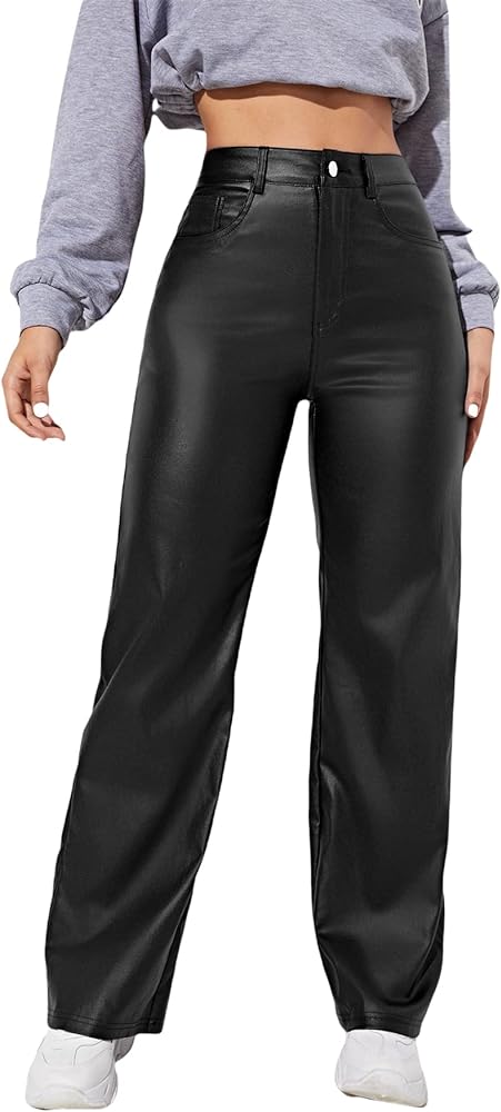 MakeMeChic Women's High Waist Pockets Straight Leg Jeans Leather Look Pants