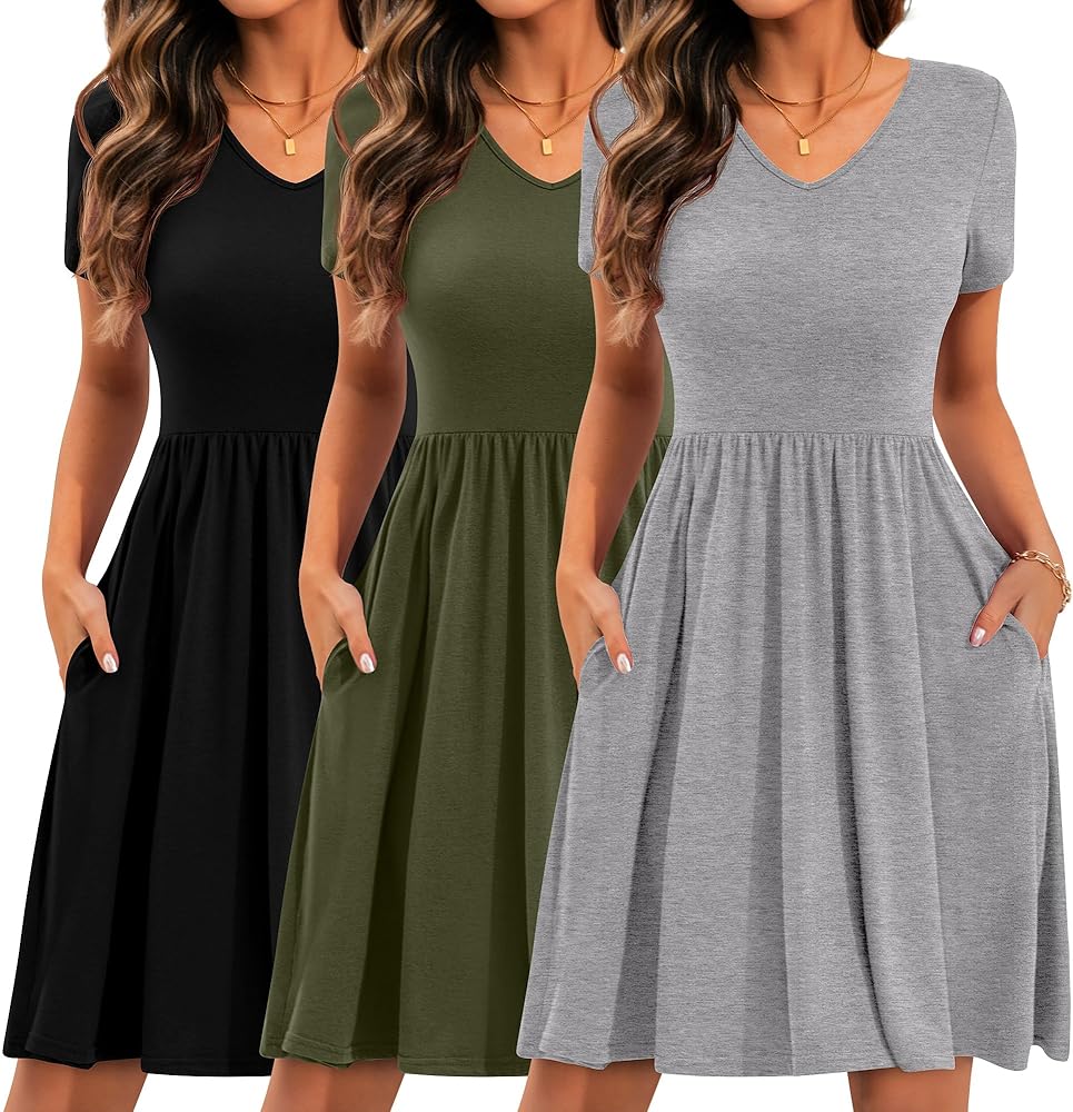 3 Pack Women's Empire Waist Dresses Short Sleeve V Neck Swing Pleated Dress with Pockets