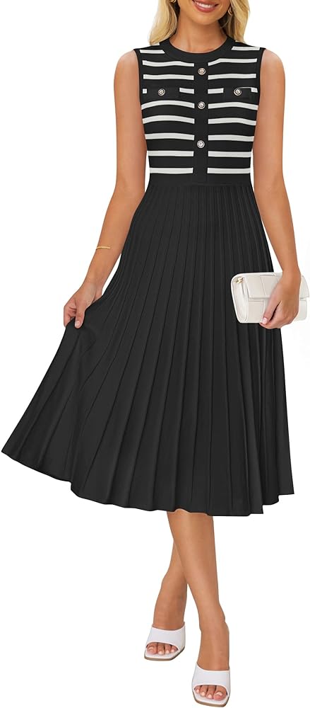 ZESICA Women's Sleeveless Striped Midi Dress Summer Crewneck Button Knit Swing Pleated A Line Casual Dresses