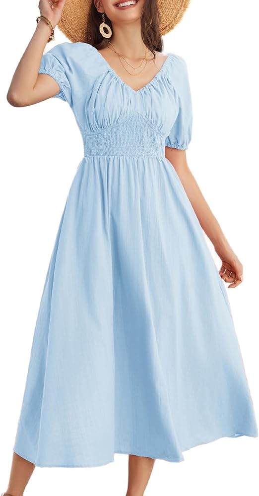 GRACE KARIN 2024 Women's Summer V Neck Smocked Cotton Dresses Short Puff Sleeve Flowy A Line Maxi Dress with Pockets