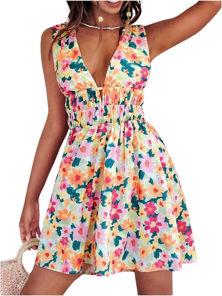 Floerns Women's Cut Out Backless Sleeveless Shirred Floral A Line Short Dress