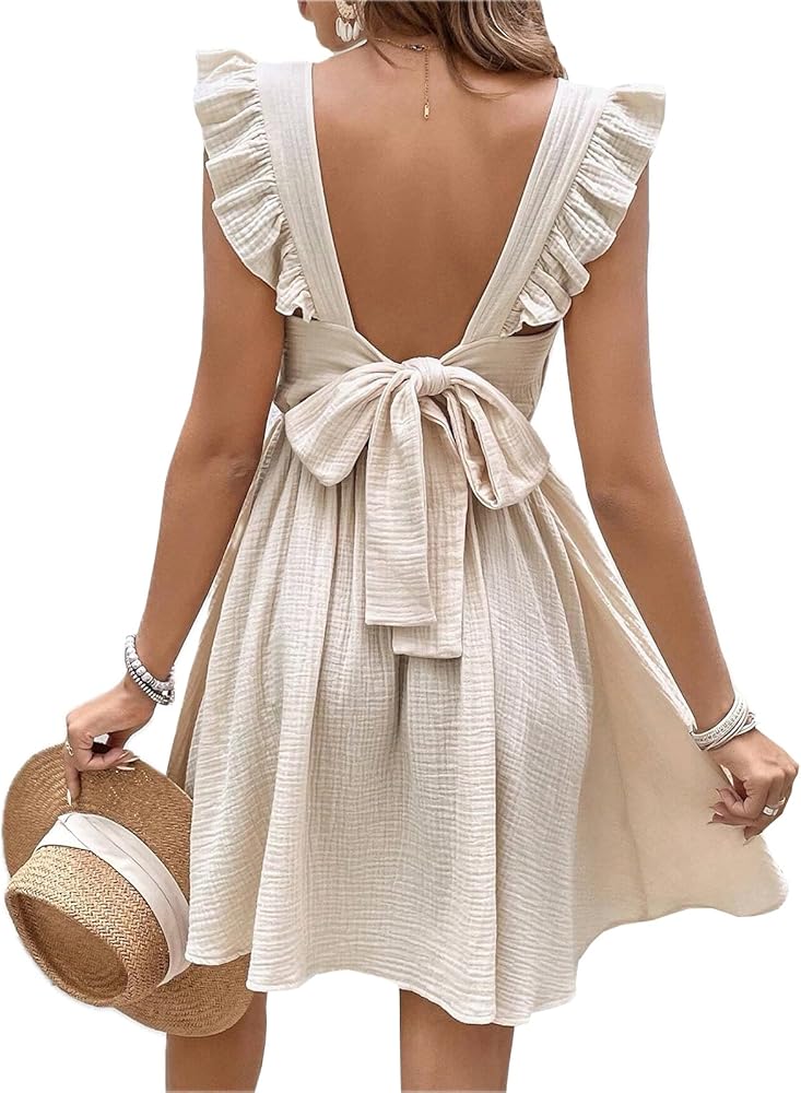 CUPSHE Women's Mini Dress V Neck Flutter Sleeve Cotton Self Tie Back A Line Short Summer Cover Up Dress