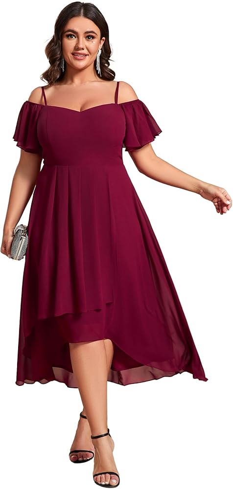 Ever-Pretty Women's Plus Size Ruffle Sleeves Off Shoulder Empire Waist A Line Chiffon Summer Wedding Guest Dress 02103-DA