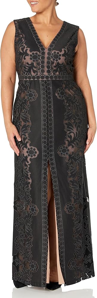 BCBGMAXAZRIA Women's V Neck Sleeveless Long Burnout Lace Column Dress