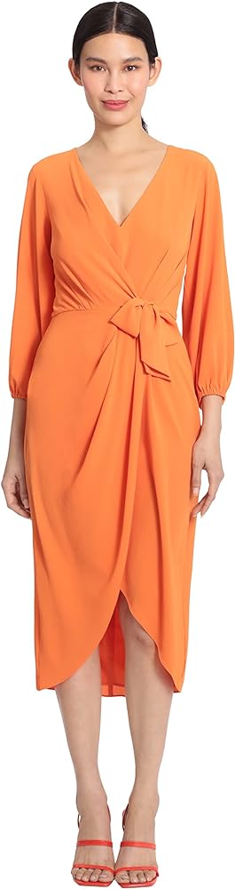 Maggy London Women's Long Sleeve V-neck Faux Wrap Crepe Dress Event Party Occasion Guest of