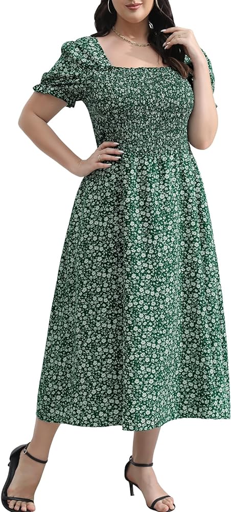 Women's 2024 summer Casual Dress Plus Size Smocked Midi Calf Length Puff Sleeve Floral Dresses with Pockets