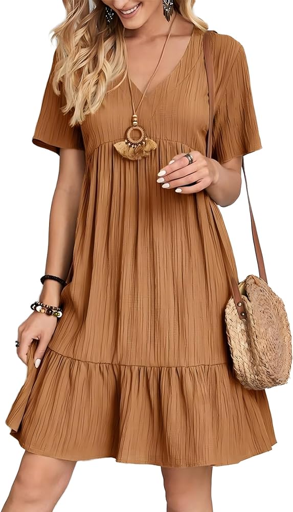 Womens Elegant Summer Boho Short Sleeve V Neck Ruffle Party Mini Dress