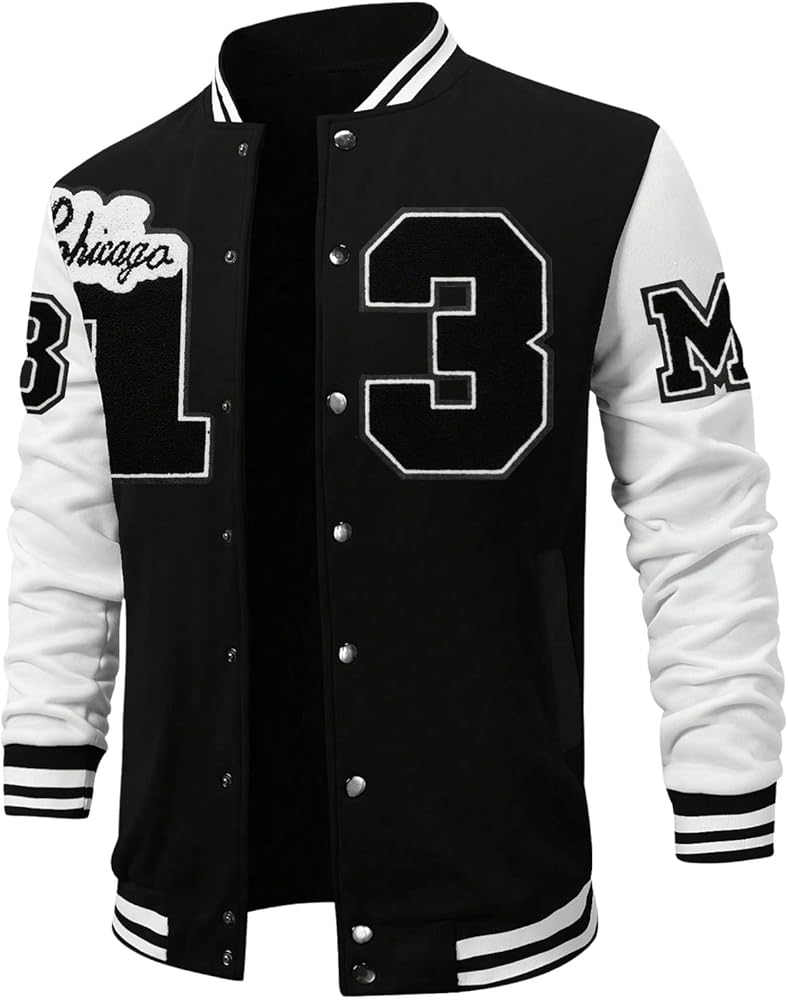 SOLY HUX Men's Color Block Letter Print Varsity Jacket Long Sleeve Baseball Jacket Bomber Coat