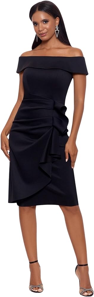 Xscape Women's Knee Length Off-The-Shoulder Scuba Side Ruched Dress