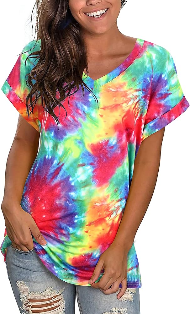 GOOTUCH Womens Summer Tops Tie Dye Short Sleeve Shirt V Neck T Shirts Casual Loose fit Blouses