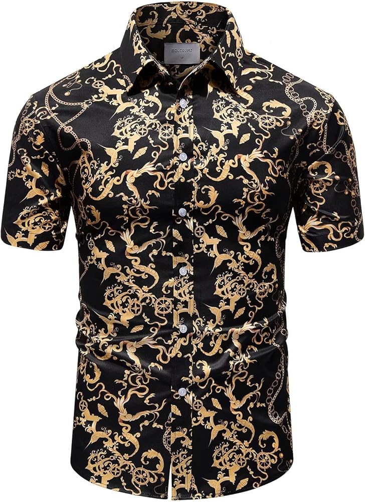 Mens Black Gold Chain Dress Shirts Luxury Baroque Print Casual Short Sleeve Button Down Buchona Silky Shirt