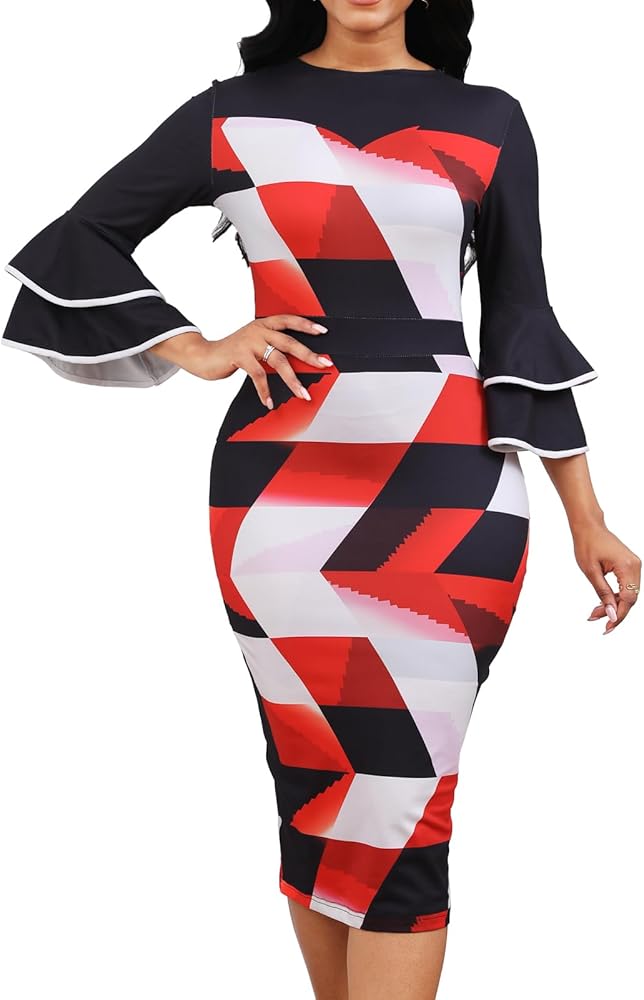 Women Sexy Dresses Bodycon Church 3/4 Sleeve African Print Pencil Party Office Dress Work with Split