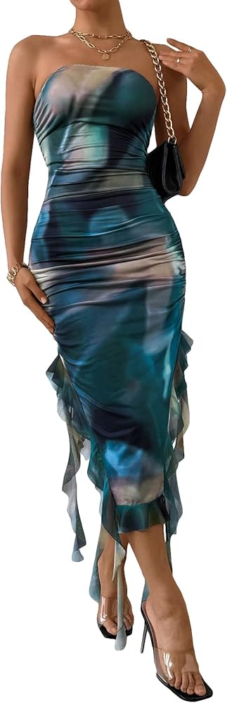 Floerns Women's Tie Dye Ruffle Irregular Split Hem Strapless Bodycon Tube Dress