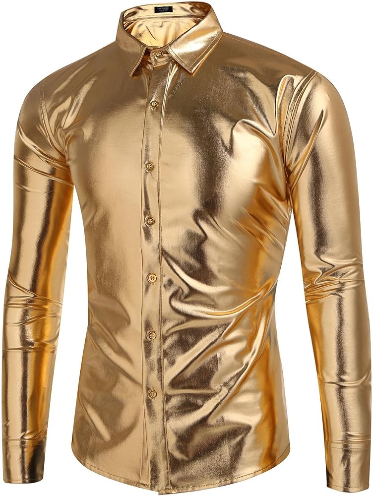 COOFANDY Men's Metallic Disco Shiny Slim Fit Long Sleeve Button Down Nightclub Party Shirts Christmas Shirt