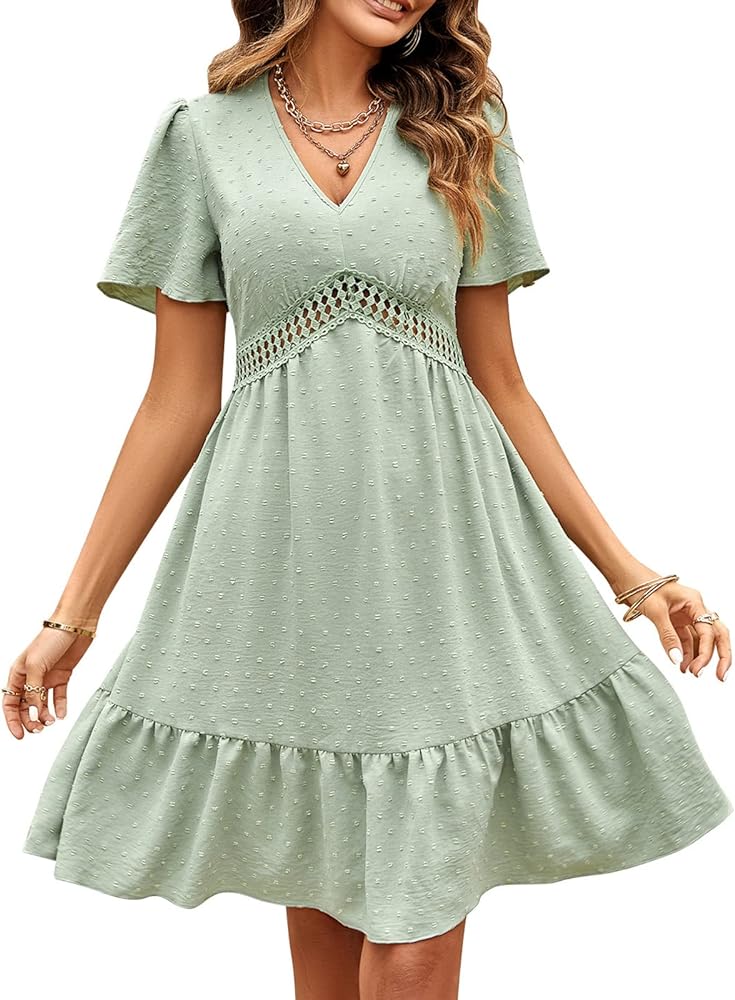 Womens Summer Mini Dress Chiffon Cutout Ruffle V-Neck Puff Sleeve Dresses Swiss Dot Boho Sundresses