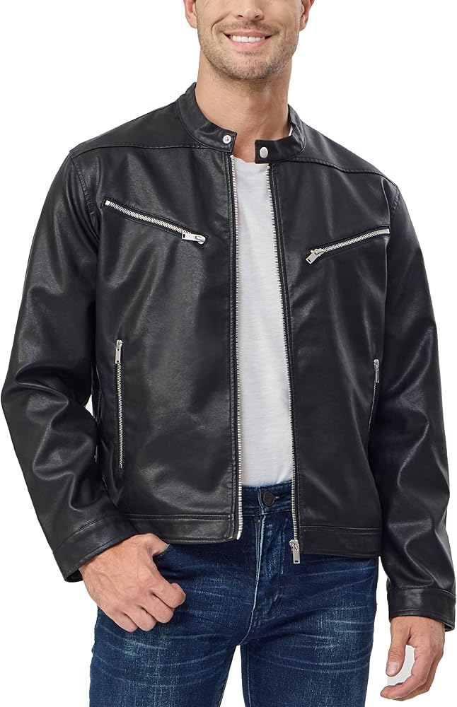 Fahsyee Faux Leather Jacket Men - Black Bomber Jackets Motorcycle Stand Collar Lightweight Zip-Up Slim Fit Biker Coat