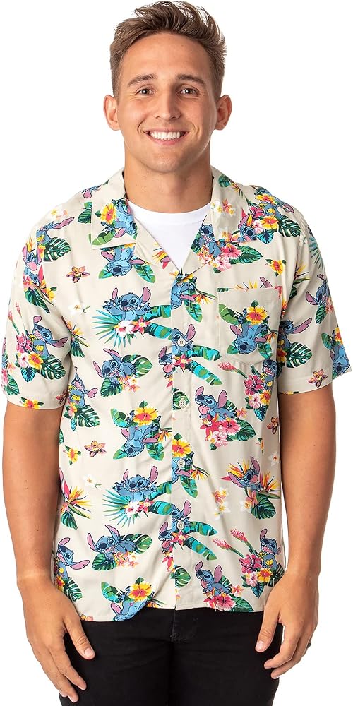 Disney Lilo and Stitch Men's Stitch Tropical Hawaiian Button Up Shirt